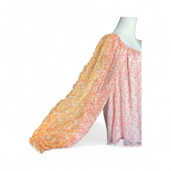 🆕 🌸💛 NWT AURA Pink & Yellow Floral Ruffle Long Sleeve Blouse | Sz L - Picture 4 of 8